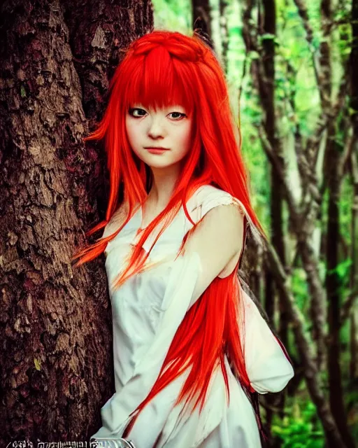 Image similar to very beautiful and cute Asuka Langley (face by Ross Tran) from neon genesis evangelion as a real slavic person dressed as a slavic priestess in holy birch forest in spring, 35mm, iPhone photo, HDR, DSLR, cinematic, trending on Instagram, 8k, 4k