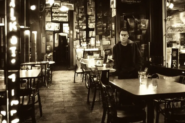 Image similar to eerie 2 0 0 0 s photograph of a demon standing in a dimly lit cafe