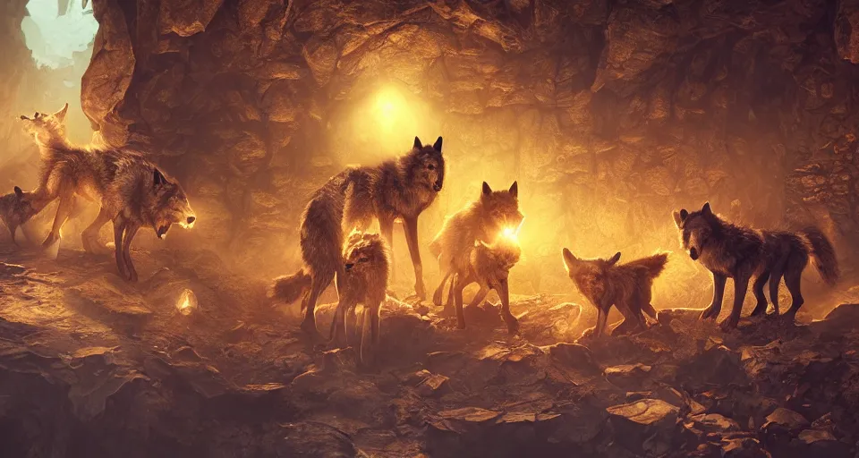 Image similar to wolves and their treasures. digital painting. dungeons, gold, translucent, intricate detail dynamic lighting, hyperrealistic, octane render, highly detailed concept art