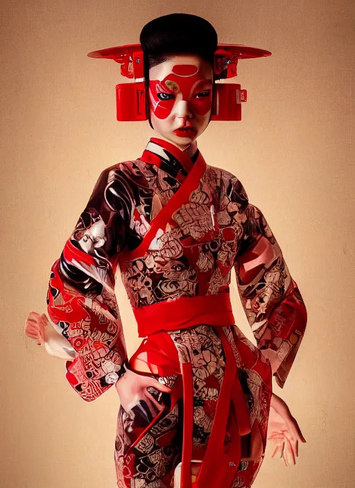 Prompt: portrait of a stylish futuristic geisha cyborg, with a red kimono with japanese golden signs written on it, kintsugi, modern fine art, fractal, intricate, elegant, highly detailed, digital photography, subsurface scattering, in the style of ghost, by jheronimus bosch and yue minjun and greg rutkowski,