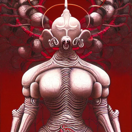 Image similar to naraka buddhist demon korean female, happy alien, high tech armor, tubular creature, blood vessels, no face, dystopian surrealism, alex ries zdzisław beksinski, symmetrical long head, smooth marble surfaces, smooth marble surfaces, detailed ink illustration, detailed ink illustration, raiden metal gear, cinematic smooth stone, deep aesthetic