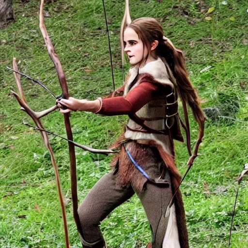 Image similar to emma watson as a wood elf, hunting with a bow