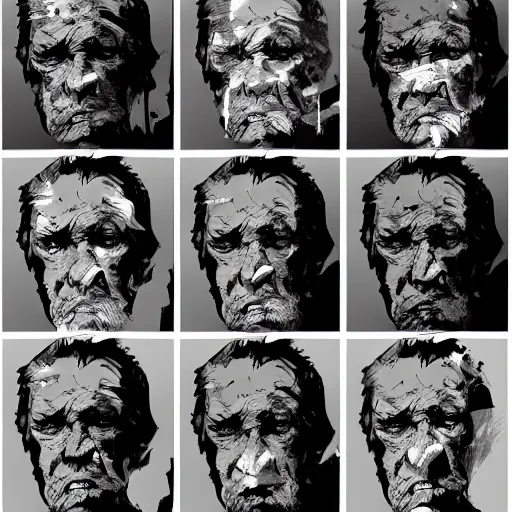 Prompt: faces reference sheet of old - man by ashley wood and j. m. w. turner, speed painting, matte painting, monochrome