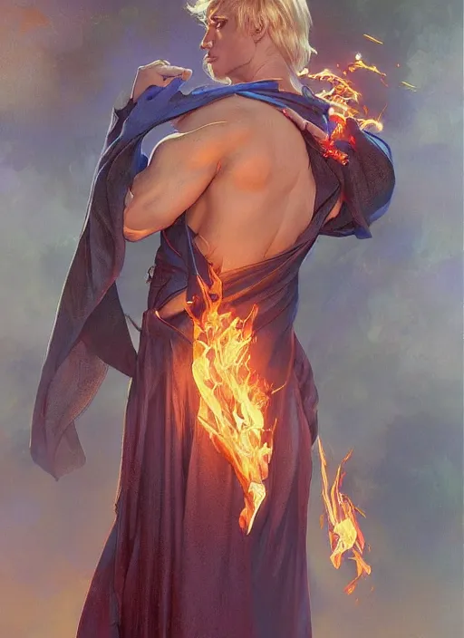 Image similar to young man using fire magic, wearing mages robes, back view, short blond hair, realistic painting by ross tran and gerald brom and alphonse mucha, artgerm, trending on artstation