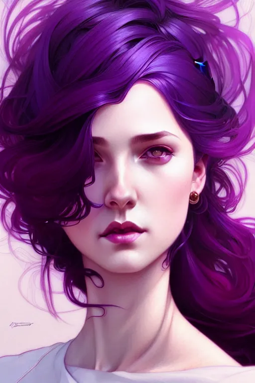 Image similar to Purple hair, creative colouring Portrait of woman, fashion, intricate, elegant, highly detailed, digital painting, artstation, concept art, smooth, sharp focus, illustration, art by artgerm and greg rutkowski and alphonse mucha