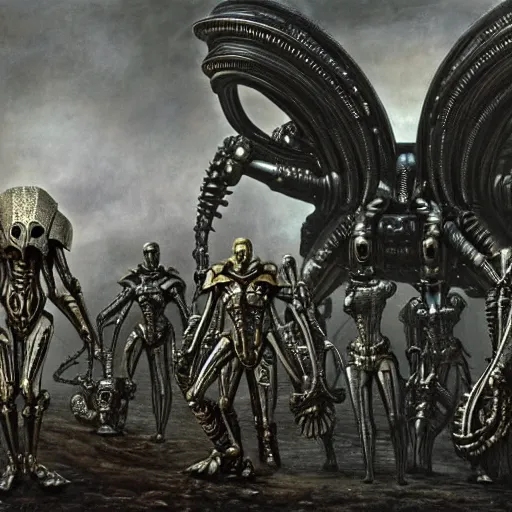 Image similar to still frame from Prometheus movie by giger, necron lord skorpekh editorial by Malczewski, biomechanical armoured knight by Wayne Barlowe, ornate elaborate complex artifact of annihilation