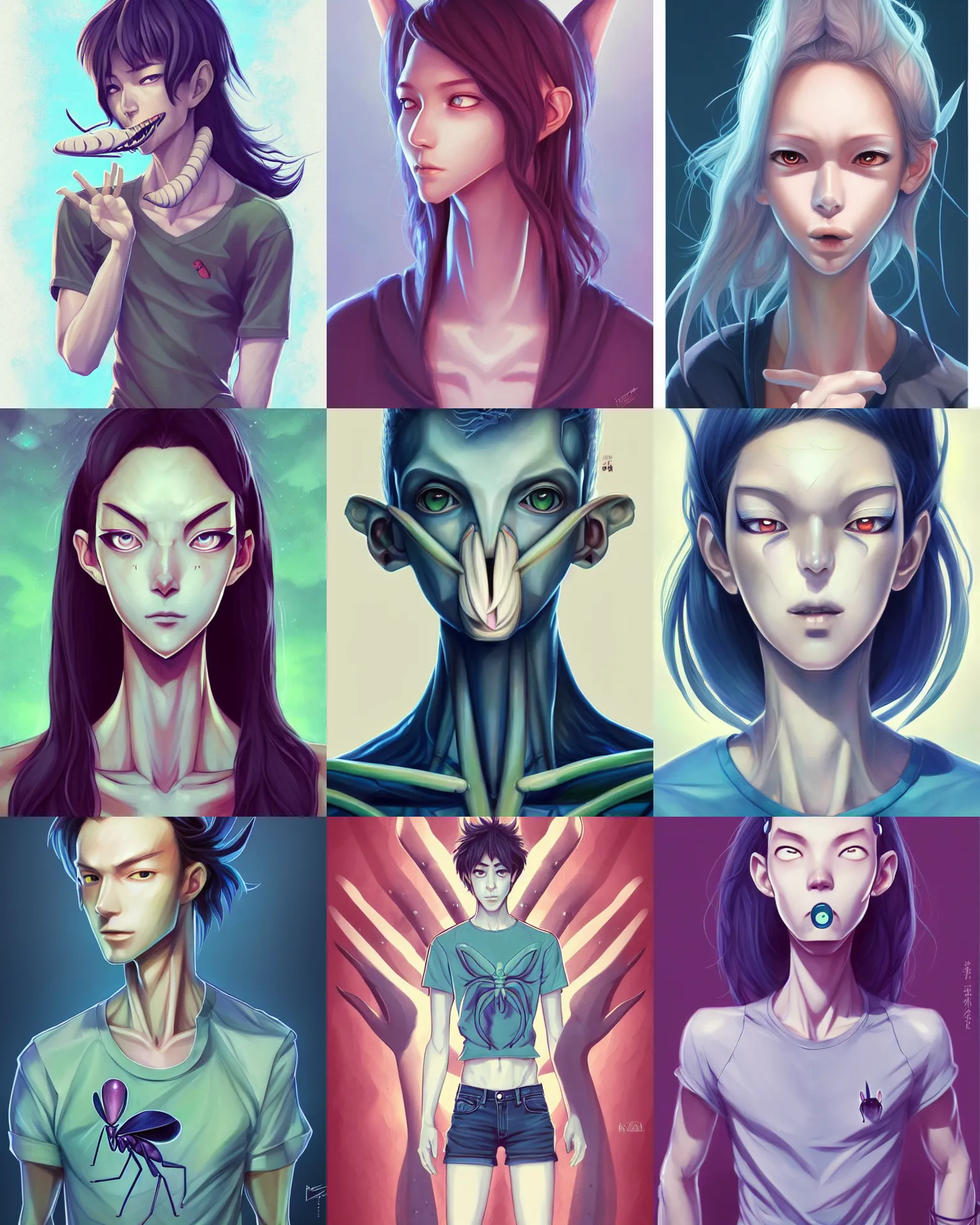 Prompt: fullbody portrait of humanoid mantis prerson, wearing summer jeans shorts and tshirt, anime art, concept art, detailed attractive face with mantis eyes and mantis mouth, symmetrical, trending on pixiv, by lois van baarle by sung choi by john kirby artgerm style pascal blanche and magali villeneuve