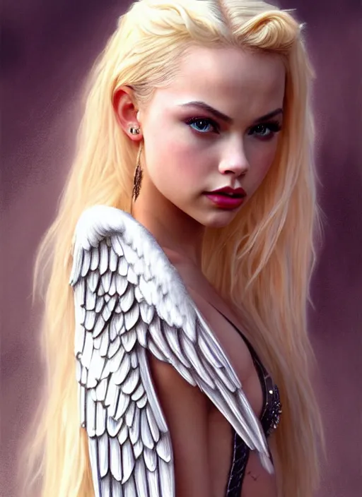 Image similar to ultra realistic illustration, a stunningly beautiful angel knight gothic girl played by jordyn jones and dove cameron and margot robbie and taylor swift and megan fox, intricate, elegant, highly detailed, digital painting, artstation, concept art, smooth, sharp focus, illustration, art by artgerm and greg rutkowski and alphonse mucha