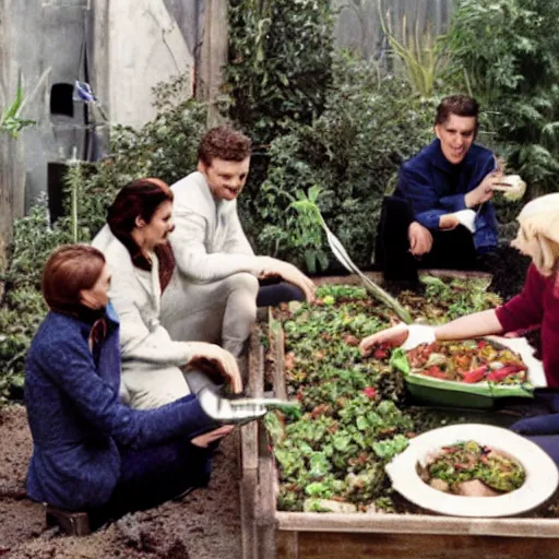 Image similar to humans on the floor eating out of a trough in an organic plant - based moonbase