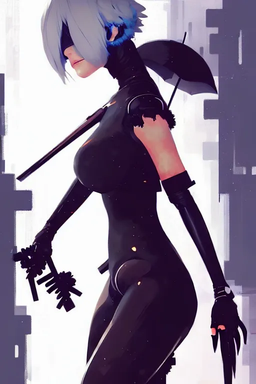 Image similar to a ultradetailed beautiful panting of 2 b from nier automata, by conrad roset, greg rutkowski and makoto shinkai trending on artstation