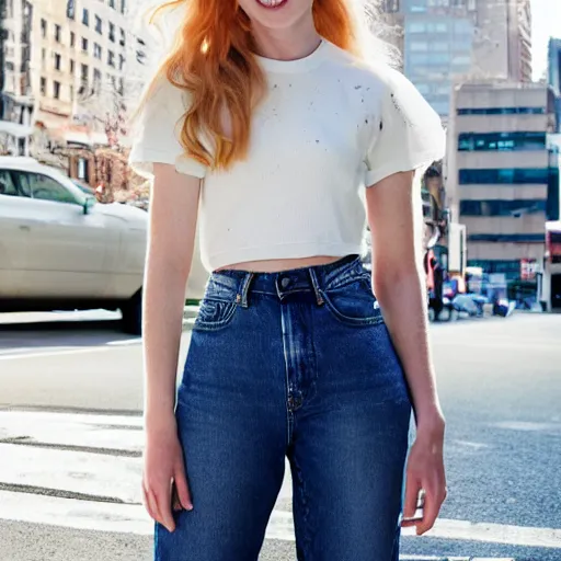 Prompt: Portrait photograph of a Strawberry-Blonde Girl, Young Beautiful Face, Green Eyes, Freckles, Wearing a white crop-top and jeans, with a subtle smile, Humans of New York Style