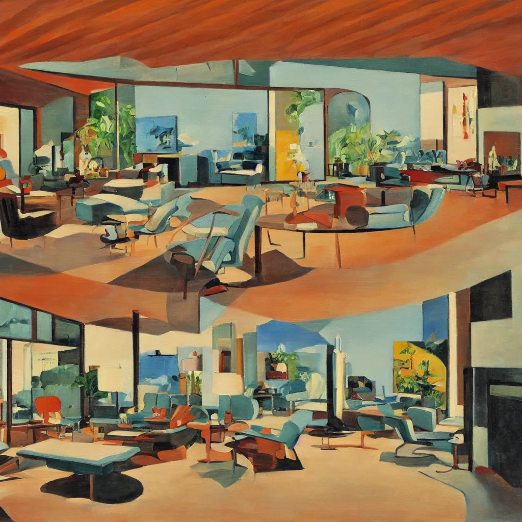 Image similar to an oil painting of the interior of a mid century modern house designed by both frank lloyd right and richard sera in palm springs