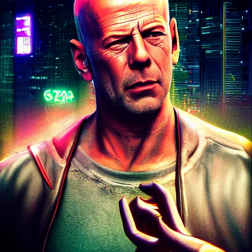 Image similar to bruce willis portrait, cyberpunk 2 0 7 7, cyberpsycho, photorealistic, ultra detailed, neon, octane, bokeh, cyber, cyberpunk city, feature, scars, cyberface, 8 k