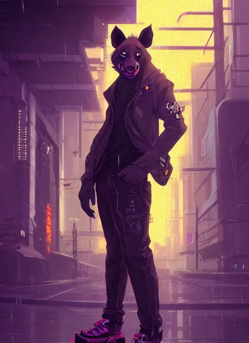 Prompt: beautiful portrait commission of a male furry anthro hyena fursona wearing skater clothes. Cyberpunk city at night in the rain. Neon light. Atmospheric. Character design by charlie bowater, ross tran, artgerm, and makoto shinkai, detailed, inked, western comic book art