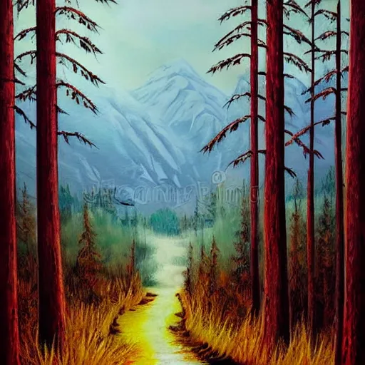 Prompt: rainy forest with tall snowy mountains in the background, beautiful art illustration, oil on canvas