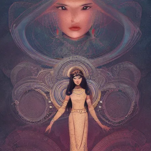 Image similar to intricate, amazing, retro vintage and romanticism, painting by natelle quek, soft color palette, cinematic, highly detailed, godess from space sci - fi of ancient religion
