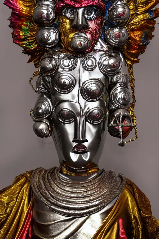 Prompt: chrome statue of brahma god multi faced, metallic sculpture, dressed with a colorful wrapped silk cloak, made by antonio corradini, and dug stanat macabre art, dark surrealism, epic and cinematic view, volummetric light, texturized, detailed, 8 k