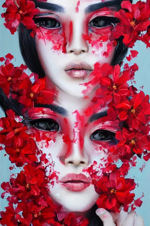 Image similar to beautiful woman's fractured face blended with red flowers jacky tsai style, pale skin, make up, acrylic on canvas