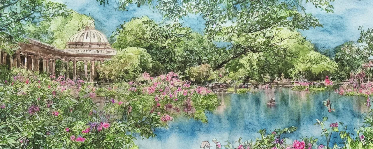 Image similar to isomeric view, delicate lake in a botanic garden, garden road, sparrows, temple in a botanical herbarium paper, watercolor colored painting, iridescent colors, 8 k, realistic shaded, fine details, artstation, italian style, colonnade, flowers, architecture, roma