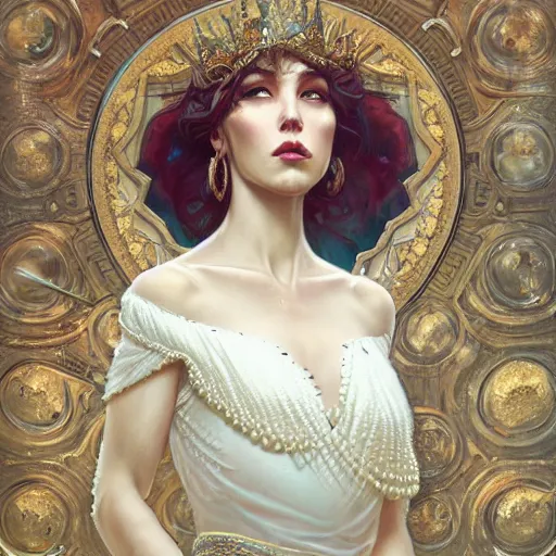 Prompt: a realistic liquid queen with a decorated dress made of white pearls , highly detailed, digital painting, Trending on artstation , HD quality, by artgerm and greg rutkowski and alphonse mucha, dramatic light, octane upscale max