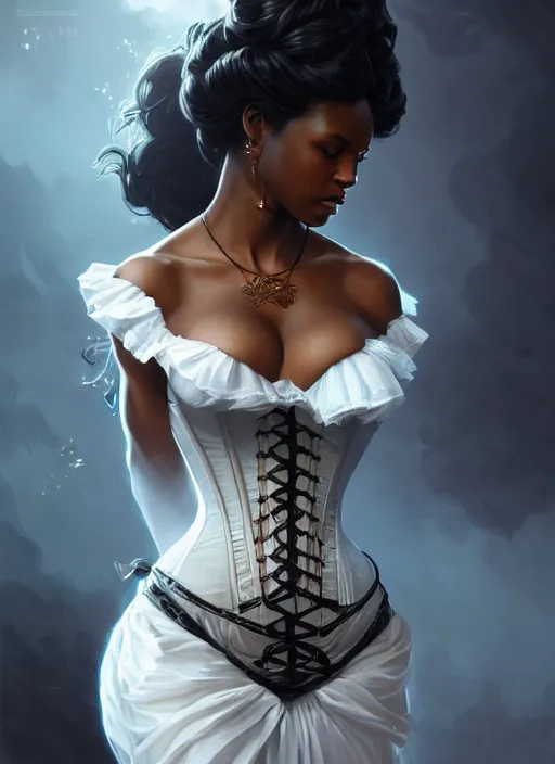 Image similar to cute black woman wearing a white corset dress, fantasy, intricate, highly detailed, digital painting, artstation, concept art, wallpaper, smooth, sharp focus, illustration, art by artgerm and greg rutkowski and alphonse mucha