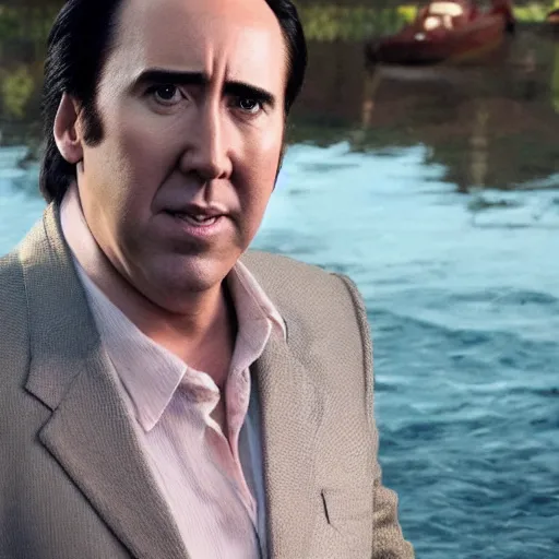 Prompt: a film still of nick cage starring in live action adaptation of hayao miyazaki's ponyo ( 2 0 2 1 )