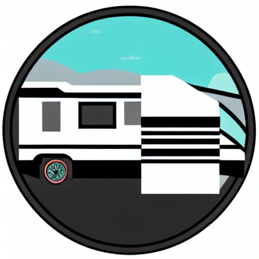 Image similar to very very very minimal vector graphic of a white and black thor chateau motorhome, color highway, mountains and sunset!!, all enclosed in a circle, white background, dramatic, professional minimal graphic design cartoon, award winning