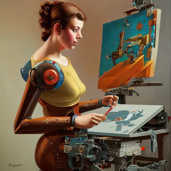 Prompt: robot artist painting a self - portrait on a canvas. intricate, highly detailed, photorealistic, digital matte painting, in the style of alexandros pyromallis, and in the style of sachin teng, and in the style of hans thoma, and in the style of gil elvgren. irony, recursion, inspiration.