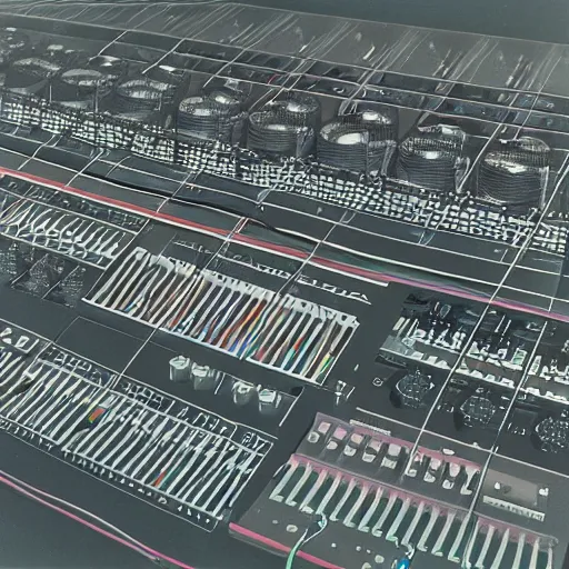 Image similar to moog modular synthesizer, album cover art by Hipgnosis