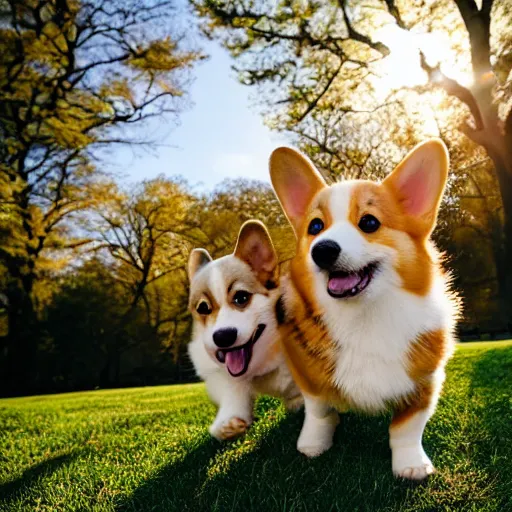 Prompt: 8k highly detailed photograph of the three most adorable Corgi Puppies playing in Central Park, golden hour,