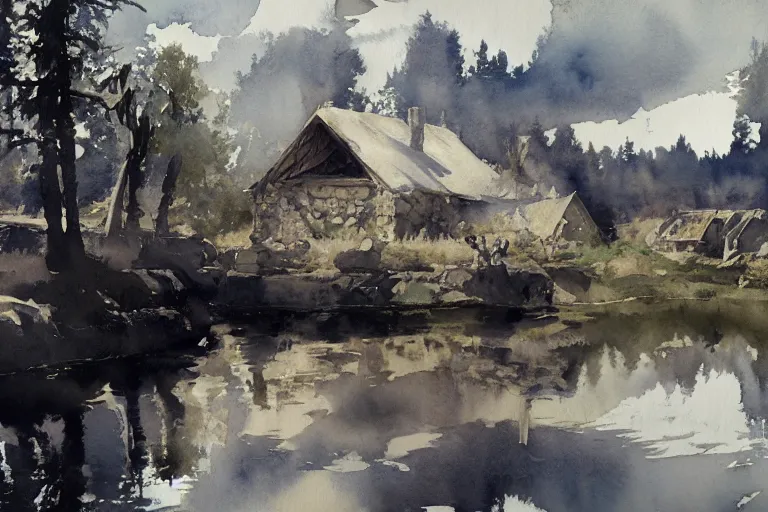 Prompt: abstract watercolor painting of hedonic scandinavian king house, in stone, straw roof, war lord, magical and traditional, reflective river, crisp daylight, sharp shadows, cinematic light, national romanticism by anders zorn, by greg rutkowski, by greg manchess