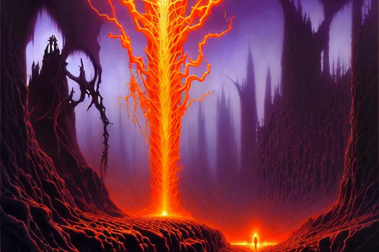 Prompt: darker shades of forgotten misery and despair by michael whelan and roger dean and quentin massys and hubert robert and greg staples and rudy nappi, beautiful, mythical, scaled robes, highly detailed, hyperrealistic, intricate, energy, orange electricity, blue flame, low light, purple crystals, high contrast, lifelike