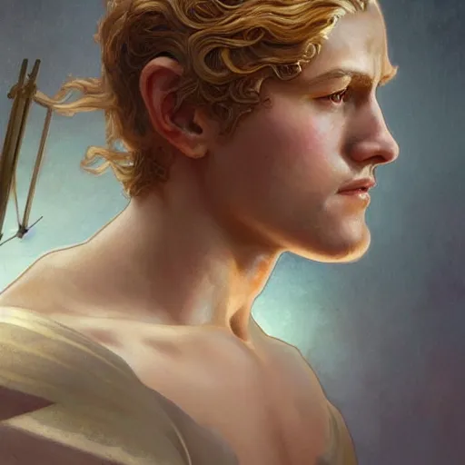 Image similar to young boy, song of Patrokles and Achilles, gorgeous, amazing, feminine, elegant, intricate, highly detailed, digital painting, artstation, concept art, sharp focus, illustration, art by artgerm and greg rutkowski and alphonse mucha