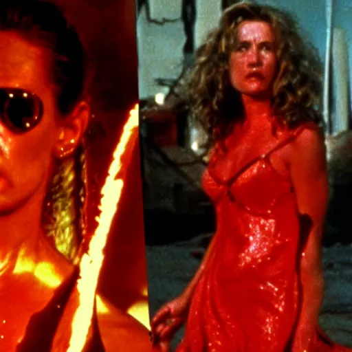 Prompt: a film still of The Terminator in a red woman dress, long shot