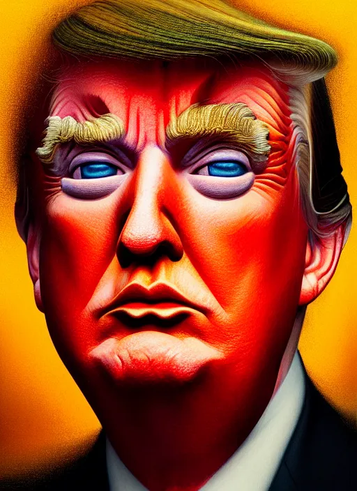 Image similar to hyper detailed 3 d render like an oil painting - portrait of donald trump, houdini algorithmic generative render, abstract brush strokes, masterpiece, edward hopper and james gilleard, zdzislaw beksinski, mark ryden, wolfgang lettl, hints of yayoi kasuma, octane render, 8 k