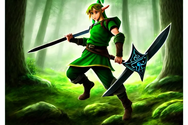 Prompt: link dressed in traditional green tunic and cap holding the master sword and hylian shield in dynamic fighting pose, mystical forest background, dark skies, intricately detailed, finely textured, cgsociety
