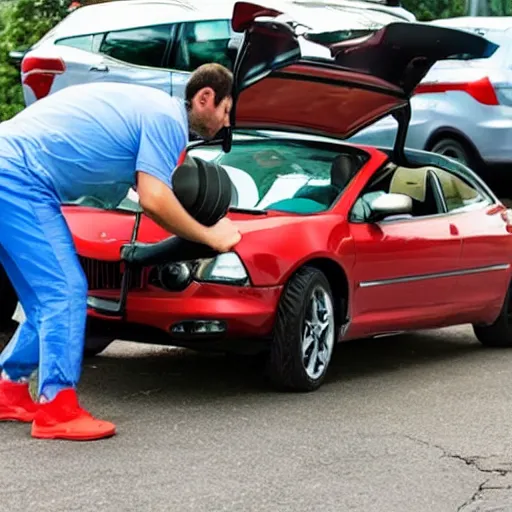 Prompt: super strong man lifting a car