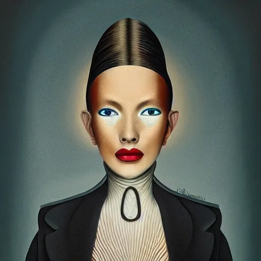 Prompt: a painting of a stylish person in the future, an ultrafine detailed painting by rafal olbinski, behance contest winner, pop surrealism, detailed painting, very detailed, minimalist, skeuomorphic, airbrush art