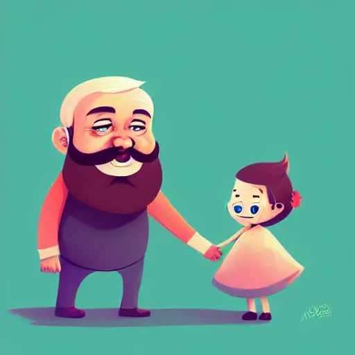 Prompt: curled perspective digital art of a cute smiling beard grandpa cartoon character with baby girl by anton fadeev