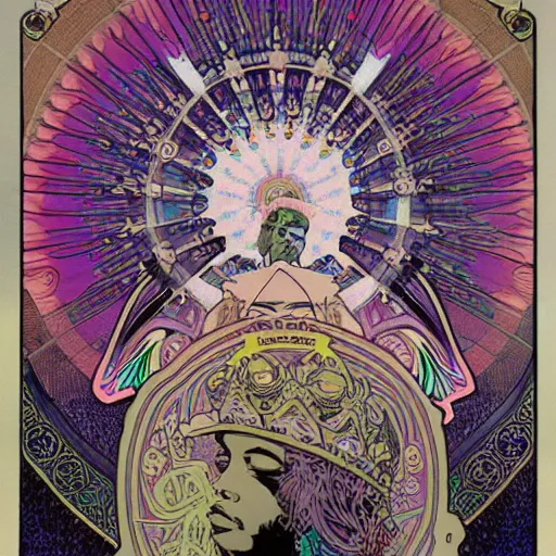 Image similar to jimi hendrix by alphonse mucha and moebius, psychadelic