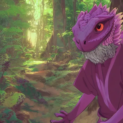 Prompt: concept art painting of an anthropomorphic anime style bearded dragon wearing magenta wizard robes, in the deep forest, realistic, detailed, cel shaded, in the style of makoto shinkai and greg rutkowski and james gurney