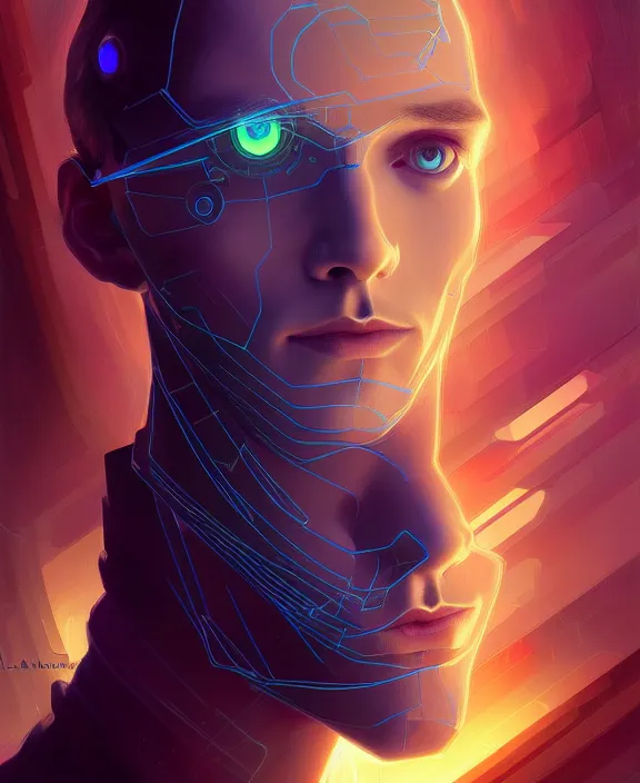 Image similar to a whirlwind inside the metaverse, guy, male, man, hologram, half body, neurochip, android, cyborg, cyberpunk face, by loish, d & d, fantasy, intricate, elegant, highly detailed, colorful, digital painting, artstation, concept art, art by artgerm and greg rutkowski and alphonse mucha