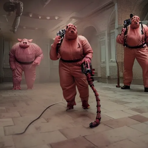 Prompt: Live Action Still Pig Man As Ghostbusters, real life, hyperrealistic, ultra realistic, realistic, highly detailed, epic, HD quality, 8k resolution, body and headshot, film still,Exquisite detail, post-processing, masterpiece, Cinematic Lighting, Unreal Engine, 8k, HD