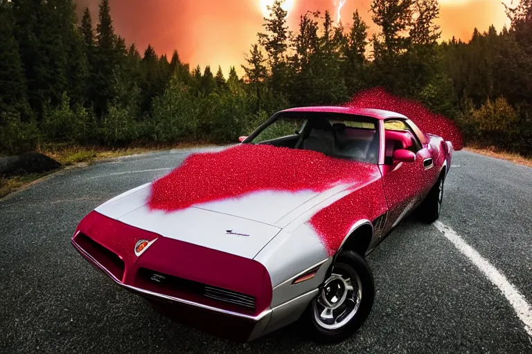 Image similar to pontiac firebird with cherry glitter paint and fur, cat inside car, sunrise, eerie light, fireflies, dramatic, cinematic, forest, horror, sunbeams, volumetric lighting, wide shot, low angle, lightning storm hitting the car, ground cracking open to reveal a portal to hell