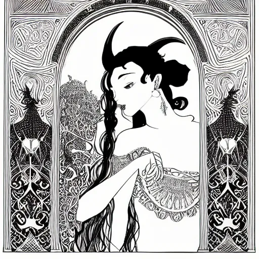 Image similar to filigree detailed illustration of a profile of gypsy girl with long curly hair and big goat horns on her head, aubrey beardsley, tomer hanuka, makoto shinkai