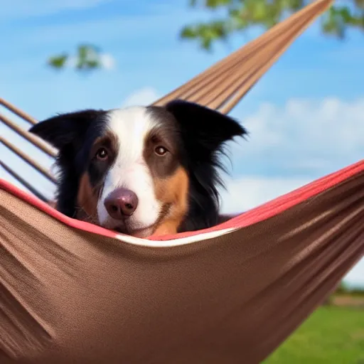 Image similar to brown border collie relaxing in a hammock, drinking hot chocolate