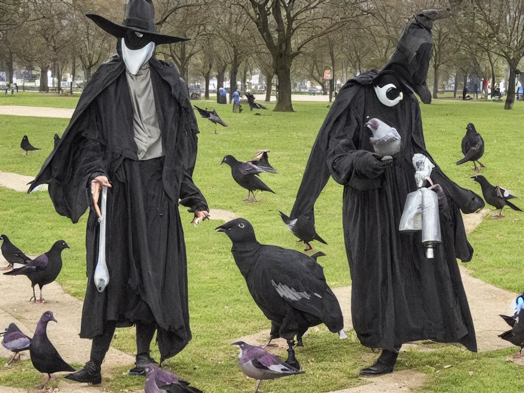 Image similar to plague doctor in the park feeding pigeons