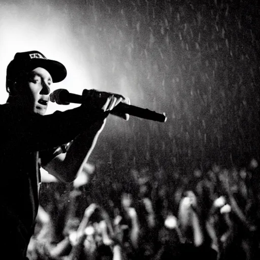 Image similar to photo eminem rapping in the rain, dramatic lighting, high contrast,