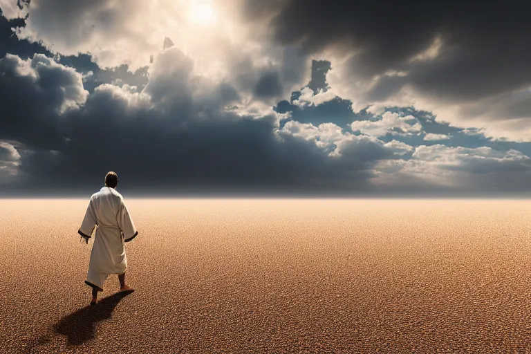 Prompt: guy with a robe walking through a desert with high speed winds, 2 d perspective, wind, 8 k, ultra detailed, award winning, trending on artstationhd, epic, dramatic, cinematic,