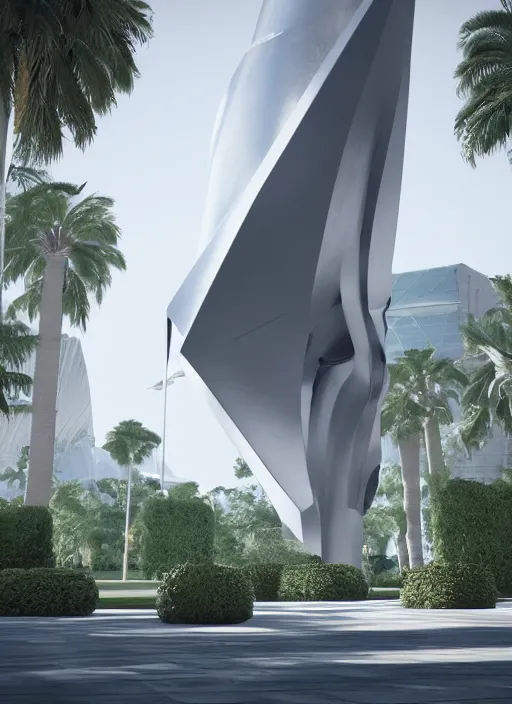 Image similar to highly detailed realistic architecture 3 d render of a futuristic stele monument in zaha hadid style standing in city park, archdaily, made in unreal engine 4 octane render